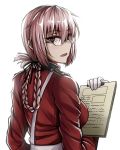  1girl bespectacled braid commentary eyebrows_visible_through_hair fate/grand_order fate_(series) florence_nightingale_(fate/grand_order) from_behind glasses gloves hair_between_eyes highres long_hair looking_at_viewer looking_back military military_uniform notepad parted_lips pink_eyes pink_hair sanmotogoroo simple_background single_braid solo uniform upper_body white_background white_gloves 