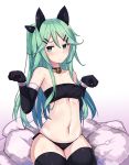  1girl alternate_costume animal_ears armpits bell black_gloves black_legwear breasts cat_ears choker cleavage collarbone commentary_request cushion elbow_gloves fake_animal_ears gloves green_eyes green_hair hair_ornament hair_ribbon hairclip kantai_collection long_hair looking_at_viewer natori_youkai navel paw_pose ribbon side-tie_bottom simple_background sitting solo thigh-highs white_background yamakaze_(kantai_collection) 