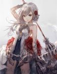  1girl blush breasts cleavage closed_mouth eyebrows_visible_through_hair flower grey_eyes hair_flower hair_ornament hisabosi large_breasts long_hair looking_at_viewer red_rose rose silver_hair sinoalice smile snow_white_(sinoalice) solo thigh-highs white_legwear 