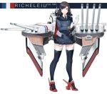  1girl absurdres anchor anchor_hair_ornament battleship black_hair blue_eyes buttons cannon character_name chiyo_goya commentary cross frilled_skirt frills gloves hair_ornament highres long_hair long_sleeves machinery mecha_musume military military_jacket military_vehicle necktie original personification pleated_skirt richelieu_(battleship) rudder_shoes ship simple_background skirt smokestack solo thigh-highs turret uniform warship watercraft white_background white_gloves 