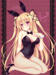  1girl :o animal_ears arm arm_behind_back ass bare_arms bare_shoulders black_bow black_bowtie black_high_heels black_leotard black_shoes blonde_hair blush bow bowtie breasts bunny_day bunny_girl bunnysuit cleavage commentary_request detached_collar eyebrows_visible_through_hair female fishnet_pantyhose fishnets full_body hair_between_eyes hair_ribbon hand_on_own_chest hand_up high_heels highres large_breasts legs leotard long_hair looking_at_viewer neck original pantyhose pink_eyes purple_background rabbit_ears ribbon seiza shoes sitting solo sorai_shin&#039;ya strapless strapless_leotard two_side_up wariza wrist_cuffs 