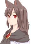  1girl animal_ears bangs brown_hair close-up closed_mouth commentary_request dress expressionless gem imaizumi_kagerou long_hair looking_at_viewer poronegi red_eyes scarf simple_background solo touhou white_background white_dress wolf_ears 