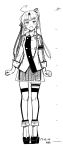  1girl :d ahoge akitsushima_(kantai_collection) clenched_hands dated double-breasted earrings full_body greyscale hair_ornament hair_ribbon height_chart jewelry kantai_collection kawashina_(momen_silicon) long_hair looking_at_viewer military military_uniform monochrome open_mouth ribbon side_ponytail smile solo standing thigh-highs thigh_strap uniform white_background zettai_ryouiki 