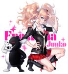  1girl 2013 bear_hair_ornament black_boots black_bra black_jacket blonde_hair blue_eyes boots bra breasts character_name chlfl05 choker cleavage collarbone dangan_ronpa dangan_ronpa_1 dated enoshima_junko fingernails floating_hair grey_jacket hair_ornament hand_on_hip high_heel_boots high_heels highres jacket long_hair looking_at_viewer medium_breasts miniskirt monokuma nail_polish one_eye_closed pleated_skirt red_nails red_skirt sharp_fingernails shirt skirt solo spoilers twintails underwear very_long_hair white_shirt 