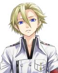  1boy blonde_hair blue_eyes breast_pocket buttons close-up daryl_yan guilty_crown hair_between_eyes high_collar highres looking_at_viewer military military_jacket military_uniform parted_lips pins pocket short_hair simple_background solo sugi_214 uniform white_background 