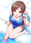  1girl barefoot breasts brown_eyes brown_hair cleavage competition_swimsuit from_above heart heart-shaped_pupils idolmaster idolmaster_cinderella_girls idolmaster_cinderella_girls_starlight_stage long_hair looking_at_viewer nitta_minami one-piece_swimsuit shirona002 soaking_feet solo swimsuit symbol-shaped_pupils towel 