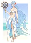  1girl absurdly_long_hair aqua_(fire_emblem_if) bare_legs barefoot beach bikini blue_hair fire_emblem fire_emblem_heroes fire_emblem_if flower hair_flower hair_ornament highres holding jewelry long_hair necklace ocean outdoors smile solo staff swimsuit very_long_hair yellow_eyes 