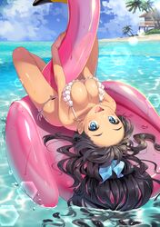  1girl :d antenna_hair beach bikini bird black_hair blue_eyes blue_sky breast_squeeze breasts cleavage clouds cloudy_sky day earrings fang ganaha_hibiki highres hoop_earrings horizon idolmaster jewelry joey_koguma large_breasts leaning_back lens_flare long_hair looking_at_viewer lying medium_breasts ocean on_back open_mouth outdoors palm_tree ponytail side-tie_bikini sky smile solo swan swimsuit tree upside-down wet white_bikini 