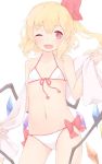  1girl ;d bangs bare_arms bikini blonde_hair blush bow collarbone cowboy_shot eyebrows_visible_through_hair fang flandre_scarlet front-tie_bikini front-tie_top gluteal_fold hair_bow looking_at_viewer navel one_eye_closed open_mouth pink_bow red_bow red_eyes sakurea side_ponytail simple_background smile solo stomach swimsuit touhou towel white_background white_bikini 