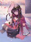  1girl :/ air_(air_end) arm_support bangs black_hair blue_eyes blush bow braid breasts cleavage closed_mouth detached_sleeves dress fan folding_fan full_body hair_bow hair_ornament highres long_hair looking_at_viewer medium_breasts petals purple_bow romance_of_the_three_kingdoms short_sleeves side_braid sidelocks sitting solo yokozuwari 