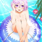  1girl :d barefoot blurry breasts cleavage depth_of_field fate/grand_order fate_(series) flower from_above glasses hair_between_eyes hair_tucking heart heart-shaped_pupils highres inflatable_raft knees_on_chest large_breasts looking_at_viewer nemuko_ofuton nude open_mouth outdoors pink_hair rimless_glasses shielder_(fate/grand_order) short_hair sitting smile solo sparkle symbol-shaped_pupils violet_eyes water wet 