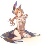  1girl between_legs bikini bracelet breasts brown_eyes choker cleavage flower full_body granblue_fantasy hair_flower hair_ornament hairband hanarito hand_between_legs head_tilt head_wings jewelry leg_garter looking_at_viewer medium_breasts navel orange_hair parted_lips sidelocks simple_background sitting solo song_(granblue_fantasy) swimsuit wariza white_background white_bikini 