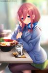  1girl absurdres artist_name bangs blue_cardigan blue_eyes breasts brown_hair closed_mouth commentary food glass go-toubun_no_hanayome hair_between_eyes headphones headphones_around_neck highres indoors kaho_okashii large_breasts legs long_sleeves looking_at_viewer medium_hair nakano_miku pantyhose shirt sitting skirt smile solo table thighs water 