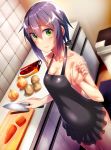  1girl apron black_apron breasts carrot cleavage commentary_request dosu_(doseven) eyebrows_visible_through_hair green_eyes highres kitchen kitchen_knife messy_hair naked_apron onion original potato purple_hair short_hair small_breasts solo tiles yuki_(dosu_(doseven)) 