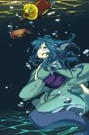 1girl blue_eyes blue_hair breasts broken bubble caustics commentary fins furorina green_kimono hand_on_own_chest japanese_clothes kimono long_hair long_sleeves mermaid monster_girl obi parted_lips phonograph sad sash solo tearing_up touhou underwater wakasagihime wide_sleeves 