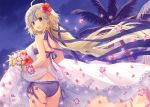  1girl :d ahoge ass bangs bikini blonde_hair bouquet breasts clouds cloudy_sky cowboy_shot evening eyebrows_visible_through_hair fate/apocrypha fate_(series) flower from_behind hair_flower hair_ornament hair_ribbon head_tilt headpiece hibiscus holding holding_bouquet lace_trim long_hair looking_at_viewer looking_back medium_breasts neck_ribbon open_mouth outdoors palm_tree petals ponytail purple_bikini purple_ribbon ribbon ruler_(fate/apocrypha) shawl side-tie_bikini sky smile solo swimsuit teeth tree very_long_hair violet_eyes wind yashiro_seika 