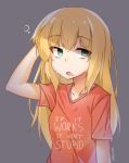  1girl baselard blonde_hair english frame_arms_girl green_eyes grey_background hand_in_hair highres long_hair shirt sketch solo sweat t-shirt tilt-shift twitter_username 