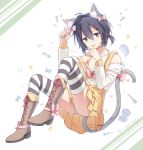  1boy animal_ears babouo black_hair black_legwear blue_panties blush boots bow brown_boots cat_ears cat_tail crossdressinging dated eyebrows_visible_through_hair hair_bow hair_ornament high_heel_boots high_heels knee_boots looking_at_viewer male_focus original panties pink_bow smile solo striped striped_legwear striped_panties tail thigh-highs tongue tongue_out trap underwear white_legwear white_panties x_hair_ornament 