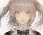  1girl black_bow blush bow closed_mouth expressionless eyebrows_visible_through_hair freckles grey_eyes grey_hair hisabosi long_hair looking_at_viewer solo twintails upper_body 