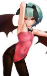  1girl animal_ears armpits bat_wings black_bow black_bowtie black_legwear bow bowtie breasts bunnysuit closed_mouth covered_navel detached_collar eyebrows_visible_through_hair fake_animal_ears fang_out green_hair hair_between_eyes hairband highleg highleg_leotard kabocha_head leotard looking_at_viewer outstretched_arm pantyhose pink_leotard pointy_ears rabbit_ears red_eyes remilia_scarlet short_hair simple_background small_breasts smile solo touhou white_background wings 