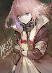  1girl bangs black_gloves black_necktie character_name closed_mouth copyright_name floating_hair girls_frontline gloves holding_arm jacket long_hair multicolored_hair necktie one_side_up open_clothes open_jacket pink_hair purple_hair rushi_(bloodc) solo st_ar-15_(girls_frontline) streaked_hair upper_body violet_eyes 