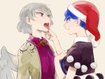  2girls blue_eyes blue_hair bow bowtie chamaruku doremy_sweet finger_in_mouth grey_hair hand_on_own_chest hat jacket kishin_sagume looking_at_another multiple_girls nightcap open_mouth pink_eyes pom_pom_(clothes) short_sleeves simple_background tongue tongue_out touhou wings 