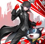  1boy :3 :d black_hair brown_eyes cat coat fang gloves kurusu_akira male_focus morgana_(persona_5) omoti_(1201208) open_clothes open_coat open_mouth pants parted_lips persona persona_5 red_gloves smile solo standing star vest 