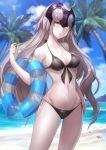  &gt;:o 1girl :o bangs beach bikini black_bikini blue_sky blurry blush breasts clouds cloudy_sky cowboy_shot day depth_of_field eyebrows_visible_through_hair fate/grand_order fate_(series) front-tie_bikini front-tie_top grey_hair hand_up headpiece highres innertube jeanne_alter light_rays long_hair looking_at_viewer medium_breasts navel omoti_(1201208) outdoors parted_lips revision ruler_(fate/apocrypha) side-tie_bikini sky solo starfish sunbeam sunlight swimsuit thighs very_long_hair yellow_eyes 