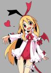  1girl bat_wings blonde_hair bow covered_navel demon_tail disgaea earrings fang flonne flonne_(fallen_angel) heart jewelry leotard long_hair makai_senki_disgaea open_clothes open_mouth open_shirt outstretched_arm pointy_ears red_eyes red_leotard ribbon shirt smile solo tail thigh_gap white_shirt wings 