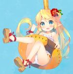  1girl ass blonde_hair blue_background blue_eyes casual_one-piece_swimsuit charlotta_(granblue_fantasy) crown fang feet flower granblue_fantasy hair_flower hair_ornament harbin innertube legs legs_up long_hair meito_(maze) one-piece_swimsuit open_mouth pointy_ears sandals simple_background smile solo swimsuit toes very_long_hair white_swimsuit 