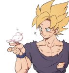  1boy ? aqua_eyes bird bird_on_hand blonde_hair blue_shirt dragon_ball dragonball_z male_focus muscle shirt short_hair simple_background smile solo_focus son_gokuu spiky_hair super_saiyan tkgsize toriyama translation_request white_background wristband 