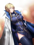  1girl artoria_pendragon_(all) artoria_pendragon_(lancer) black_dress black_gloves black_legwear blonde_hair blush braid breasts closed_mouth dress fate/grand_order fate_(series) french_braid gloves green_eyes hair_between_eyes jacket_on_shoulders kageshio_(276006) large_breasts looking_at_viewer military military_uniform short_dress sidelocks smile solo thigh-highs uniform 