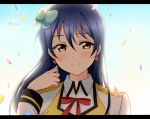  1girl blue_hair blush closed_mouth confetti earrings eyebrows_visible_through_hair heart heart_earrings jewelry letterboxed long_hair long_sleeves looking_at_viewer love_live! love_live!_school_idol_project smile solo sonoda_umi sunny_day_song upper_body yellow_eyes yumari_nakura 