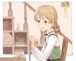  1girl blush brown_eyes cup dated drill_hair earrings hair_ornament idolmaster idolmaster_cinderella_girls indoors jewelry kawashina_(momen_silicon) light_brown_hair long_sleeves morikubo_nono notebook open_mouth teacup 