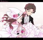  1boy 1girl andrew_hanbridge artist_name blazer brown_hair carrying chikariya collared_shirt dress earrings flower frilled_dress frilled_sleeves frills green_eyes hat jacket jewelry kagari_atsuko little_witch_academia long_hair long_sleeves looking_at_another necklace necktie open_mouth princess_carry red_eyes rose shirt smile tuxedo wedding_dress witch_hat 