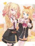  2girls :d absurdres bangs belt blazer blonde_hair blue_eyes blush bow bowtie classroom collared_shirt fang flipped_hair food frilled_skirt frills gradient_hair hair_bow hair_ornament hairband hairclip hand_on_own_chest heart highres holding holding_food holding_pocky jacket kagamine_rin layered_skirt long_hair long_sleeves looking_at_another loose_bowtie multicolored_hair multiple_girls nail_polish necktie one_eye_closed open_clothes open_jacket open_mouth parted_bangs pink_hair plaid plaid_skirt pleated_skirt pocky project_sekai school_uniform shirt shirt_tucked_in skirt sleeve_cuffs smile striped_necktie studded_choker tenma_saki thigh-highs twintails vocaloid vs0mr wrapper 