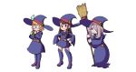  3girls :&lt; animated animated_gif blonde_hair blue_eyes book boots broom brown_eyes brown_hair christian_john_sanchez dress frown hair_over_one_eye half-closed_eyes hands_on_hips hat hunched_over kagari_atsuko knee_boots little_witch_academia long_dress lotte_jansson multiple_girls pale_skin pink_hair puckered_lips red_eyes short_dress short_hair sucy_manbavaran witch_hat 
