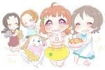  10s 4girls ahoge birthday_cake black_hair bouquet brown_hair cake chibi closed_eyes commentary_request dog dress flower food fork highres love_live! love_live!_sunshine!! mouth_hold multiple_girls open_mouth orange_hair plate_stack red_eyes ruka328 shiitake_(love_live!_sunshine!!) shirt short_hair short_sleeves simple_background skirt sleeveless sleeveless_dress sparkle striped striped_shirt suspender_skirt suspenders takami_chika takami_mito takami_shima tears twitter_username watanabe_you wavy_mouth white_background yellow_skirt younger 