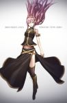 1girl armband bare_shoulders belt blue_eyes blurry blurry_background boots character_name commentary english floating_hair full_body hairband highres jewelry knee_boots long_skirt looking_at_viewer megurine_luka multiple_belts necklace open_clothes open_skirt purple_hair skirt sleeveless smile solo sugi_214 thigh-highs vocaloid 