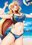  1girl :d armpits bangs bare_arms bare_shoulders beach beach_volleyball black_bow blonde_hair blue_sky blush bow breasts cleavage cowboy_shot day fate_testarossa female from_side hair_bow itachou large_breasts lens_flare long_hair looking_at_viewer looking_to_the_side low-tied_long_hair lyrical_nanoha mahou_shoujo_lyrical_nanoha_strikers navel open_mouth outdoors red_eyes sky smile solo sports_bikini stomach very_long_hair 