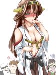  1boy 3girls admiral_(kantai_collection) akagi_(kantai_collection) blue_eyes blush breasts brown_hair brown_hakama cleavage collarbone hair_between_eyes hakama ishii_hisao japanese_clothes kantai_collection kimono kongou_(kantai_collection) long_hair looking_away medium_breasts midriff multiple_girls navel open_clothes open_kimono ribbon-trimmed_sleeves ribbon_trim simple_background solo_focus stomach very_long_hair white_background white_kimono yellow_hairband 