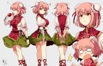  ankle_lace-up bandage bandaged_arm bun_cover candy_apple chinese_clothes cross-laced_footwear cuffs dango dated double_bun flower food hair_bun ibaraki_kasen looking_at_viewer musical_note pink_hair pink_rose puffy_sleeves red_eyes rose sameya short_hair simple_background tabard touhou wagashi 