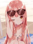  1girl arm_up beach bikini brown_eyes collarbone flat_chest long_hair micro_bikini one_eye_closed original pink_hair sitting smile solo sunglasses sunglasses_on_head swimsuit tousaki_shiina upper_body very_long_hair white_bikini white_swimsuit 