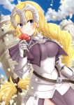  1girl armor black_bow blonde_hair blue_eyes blush bow braid breasts closed_mouth eyebrows_visible_through_hair fate/grand_order fate_(series) flower hair_bow headpiece holding holding_flower large_breasts long_hair looking_at_viewer minnmibouya ruler_(fate/apocrypha) smile solo 