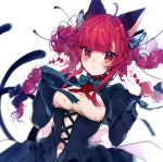  1girl :&lt; animal_ears bangs black_bow black_ribbon blunt_bangs bow braid breasts cat_ears cat_tail corset daimaou_ruaeru dress hair_bow hair_ornament highres kaenbyou_rin long_hair long_sleeves looking_at_viewer medium_breasts multiple_tails nail_polish puffy_long_sleeves puffy_sleeves red_eyes red_nails redhead ribbon solo tail touhou two_tails upper_body white_background 