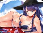  artist_name bikini blue_eyes breasts choker cleavage closed_mouth earrings eyebrows_visible_through_hair fate/grand_order fate_(series) frill_trim hand_on_hip hat isshiki_(ffmania7) jewelry large_breasts looking_at_viewer lying navel on_side purple_bikini purple_hair rosary saint_martha saint_martha_(swimsuit_ruler)_(fate) sidelocks smile sun_hat swimsuit 