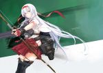  1girl arrow black_legwear blockhead_bh bow_(weapon) brown_eyes hachimaki hakama_skirt headband holding kantai_collection looking_at_viewer machinery muneate pleated_skirt shoukaku_(kantai_collection) skirt solo thigh-highs weapon white_hair wind zettai_ryouiki 