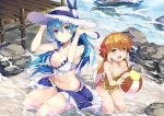  2girls :d absurdres animal_ears ball bangs bare_arms bare_legs bare_shoulders beach beachball bikini_skirt blue_eyes blue_hair blue_skirt breasts brown_hair brown_swimsuit casual_one-piece_swimsuit cleavage closed_mouth collarbone colored_tips commentary_request dock frilled_swimsuit frills front-tie_bikini front-tie_top full_body hair_between_eyes hands_on_headwear hat highres holding holding_ball jie_laite kneeling large_breasts long_hair looking_at_viewer multiple_girls navel ocean one-piece_swimsuit open_mouth original pier rock sitting skirt small_breasts smile sun_hat swimsuit white_bikini_top white_hair white_hat yellow_eyes 