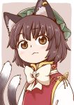  1girl :3 animal_ears bangs blush brown_eyes brown_hair cat_ears cat_tail chen chinese_clothes commentary_request dress ear_piercing eyebrows_visible_through_hair hat jewelry looking_away mob_cap multiple_tails nekomata piercing poronegi red_dress red_hat ribbon short_hair single_earring solo tail touhou 
