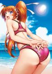  1girl :d ass bare_arms bare_shoulders beach bent_over blue_eyes blue_sky blush breasts cowboy_shot day from_side itachou large_breasts lens_flare long_hair looking_at_viewer looking_to_the_side lyrical_nanoha mahou_shoujo_lyrical_nanoha open_mouth orange_hair outdoors side_ponytail sky smile solo sports_bikini sunlight takamachi_nanoha 